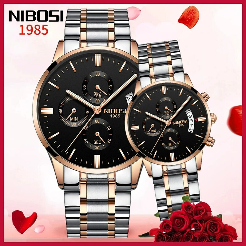 NIBOSI-최고의 커플 새로운 스틸 밴드 쿼츠 시계, 남성 및 여성 시계, 패션 애호가 시계, 여성용 드레스 시계