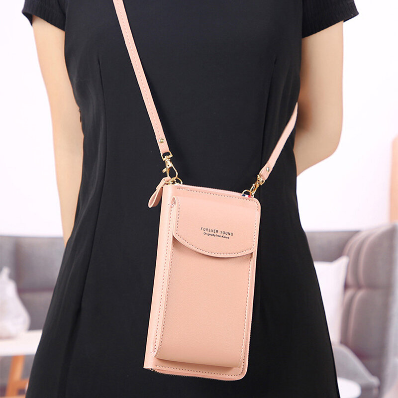 Fashion Large Capacity Phone Purse Wallet for Women PU Leather Solid Color Shoulder Bag Small Mini Crossbody Handbag Pack