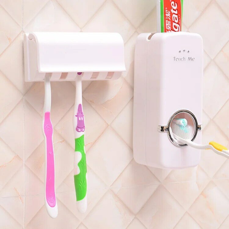 1 Set Tooth Brush Holder Automatic Toothpaste Dispenser + 5 Toothbrush Holder Toothbrush Wall Mount Stand Bathroom Tools