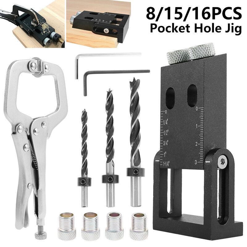 8/15/16PCS Pocket Hole Dowel Jig Black 15 Degree Angle Adjustable Woodworking Inclined Hole Fixer Puncher Locator Drill Bit