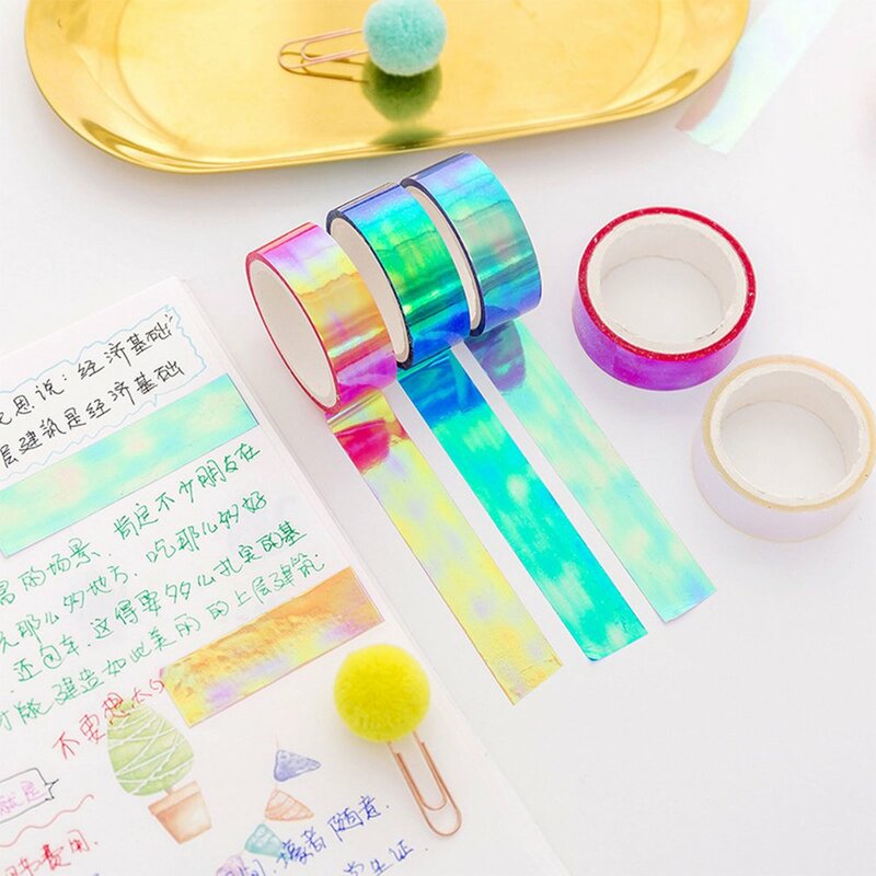 Cinta láser de película arcoíris creativa, cinta de papel artesanal para álbum de recortes decorativo, diario, planificador, cinta de mano