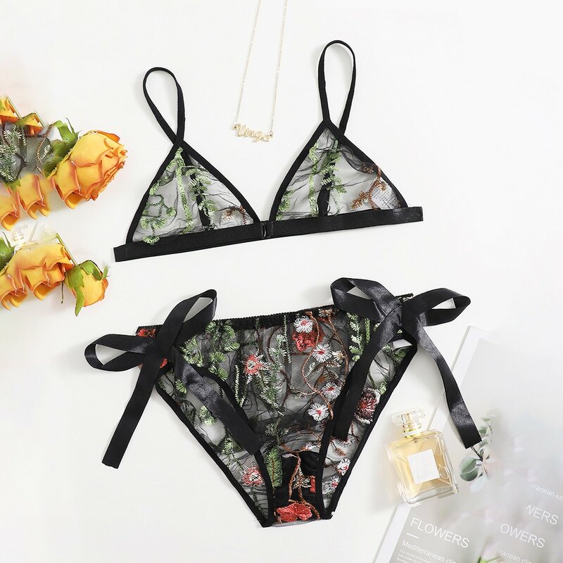 Mesh Perspective Underwear Set Sexy Lingerie Women Hot Erotic Embroidery Bra Set Lenceria Sensual Mujer Bowknot Sexy Brief Sets