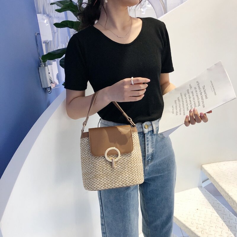 Small Straw Bucket Bags For Women 2022 Summer Crossbody Bags Lady Travel Purses And Handbags Female Shoulder Simple Bag