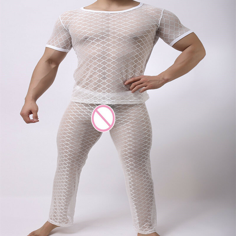 Moda masculina malha argyle sono transparente pijama define sexy musculação curto t camisas e calças compridas