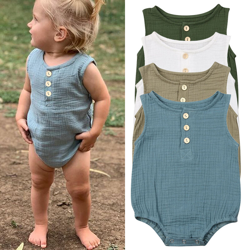 Pelele de lino y algodón para bebé recién nacido, mono sin mangas de Color sólido con botones, traje de una pieza de 0 a 24 meses