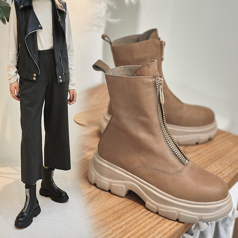 Ins bota feminina de couro bovino, calçado feminino cano curto com zíper frontal vintage para outono e inverno