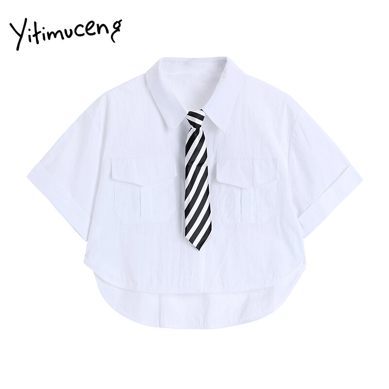 Yitimuceng preto blusa feminina gravata botão para cima camisas de manga curta turn-down colarinho em linha reta 2021 verão moda coreana novos topos