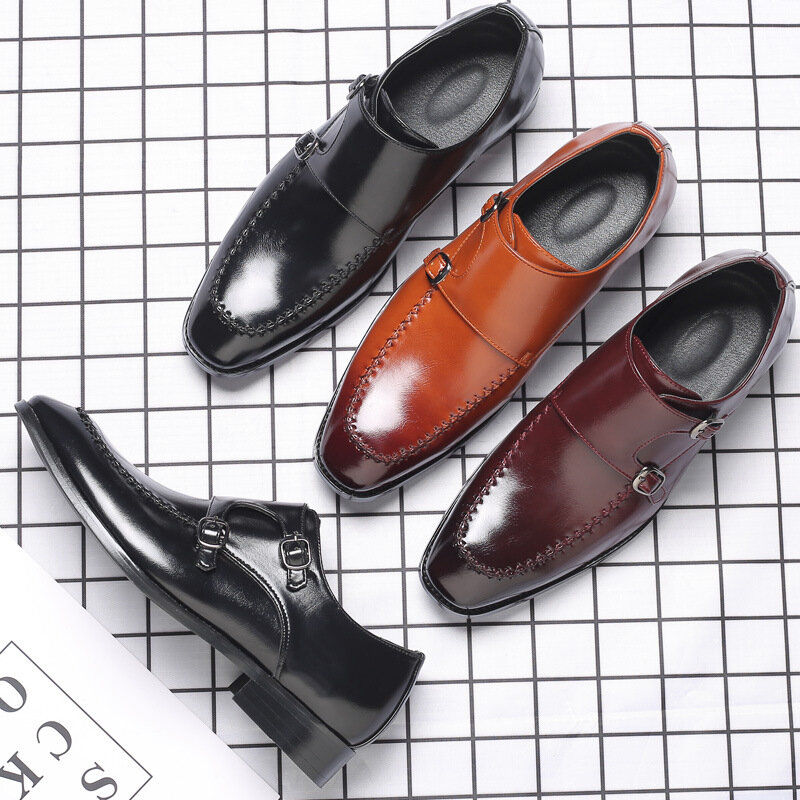 Nowe męskie buty moda na co dzień biznes cały mecz klasyczny jednolity kolor PU trzy klamry szwy wygodne buty mnich 3KC375