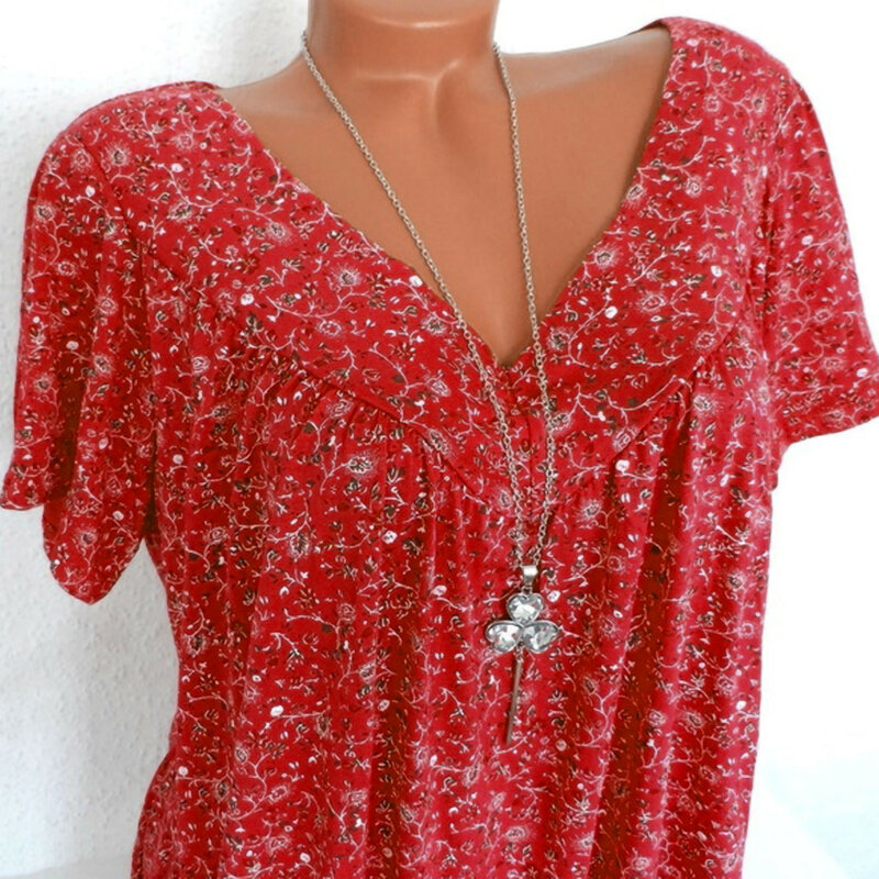 Blusa holgada informal de talla grande con manga corta y cuello en V, camisa con estampado para mujer