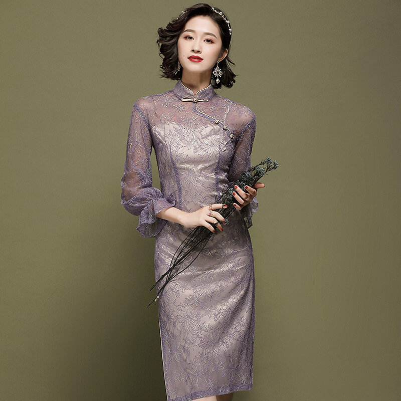 チャイナドレスYOUNG 2021新しいレトロなレースデイリースト改善ミッドレングスドレス装飾用ドレス中国の伝統的なドレス