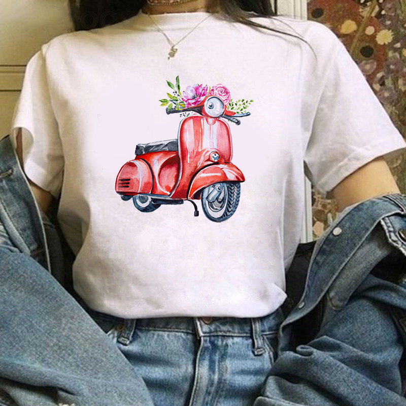 T-shirt manches courtes col rond pour adolescents, en coton, blanc, imprimé moto, ample