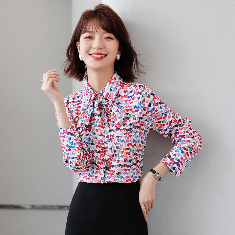 قميص مطبوع مكتب سيدة بلوزة قميص الإناث القوس بلوزات طويلة الأكمام عادية الكورية OL البلوزات فضفاضة النساء