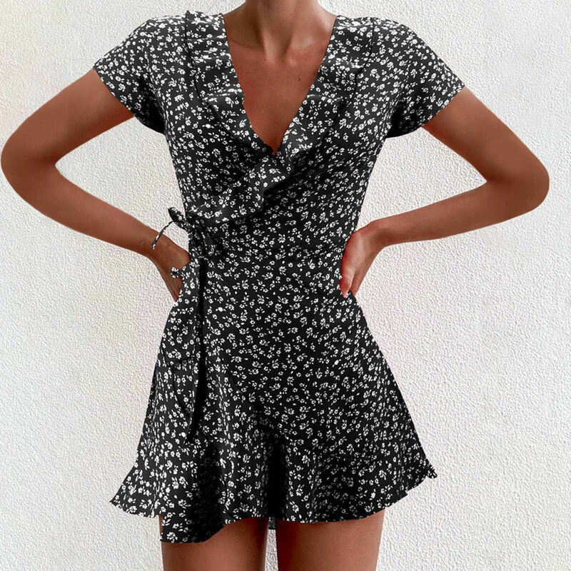 2021 vestido de verão moda feminina chiffon plissado manga curta impressão bandagem vestidos casuais com decote em v mini praia vestidos ropa mujer