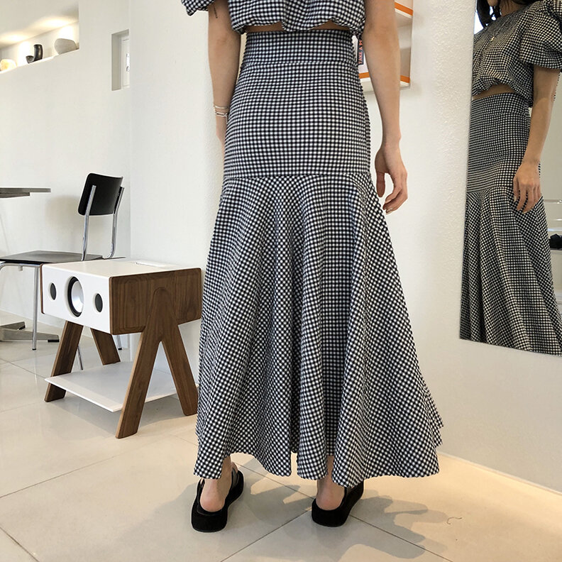 2022 New Summer Women fashion Sexy Plaid Puff short sleeve shirt + Bodycon Long mermaid Skirt Sets 2 Pieces Sets Casual Suit Set