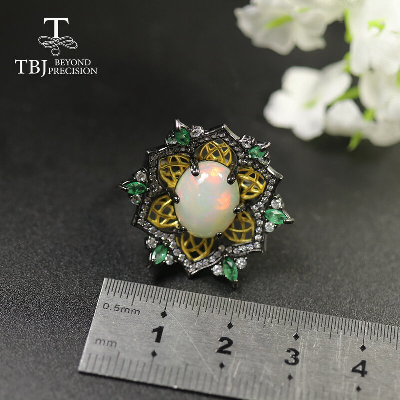 Tbj, novo luxo opala anel de pedra preciosa oval 10*12mm 3ct até esmeralda natural feminino anel 925 prata esterlina jóias finas presente