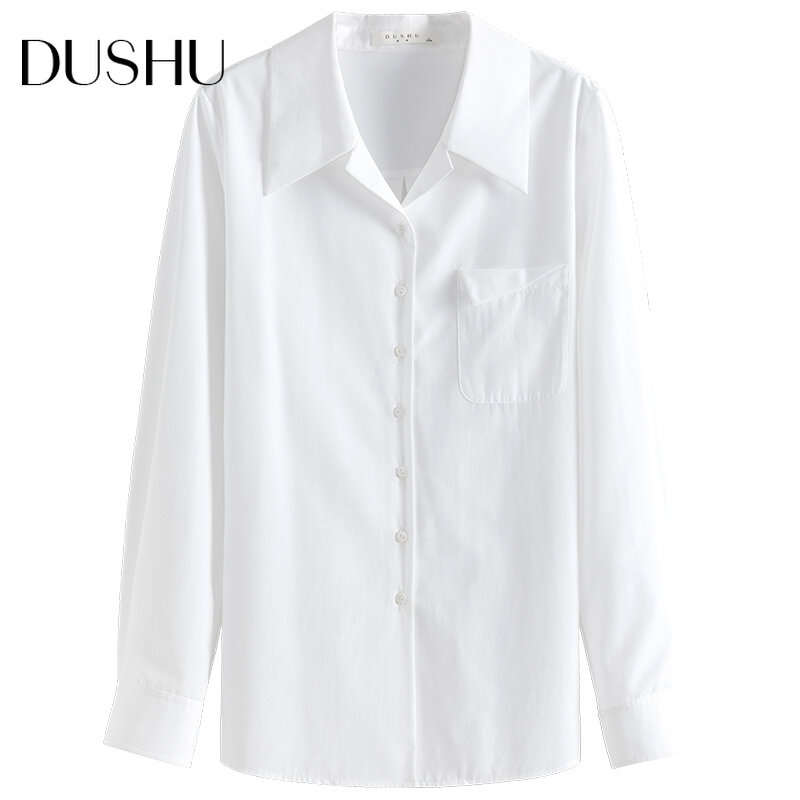 Dushu Katoen Kantoor Dame Witte Blouse Shirt Vrouwen Lange Mouwen Pocket Vintage Overhemd Top Vrouwelijke Losse Elegante Blouse Plus Size