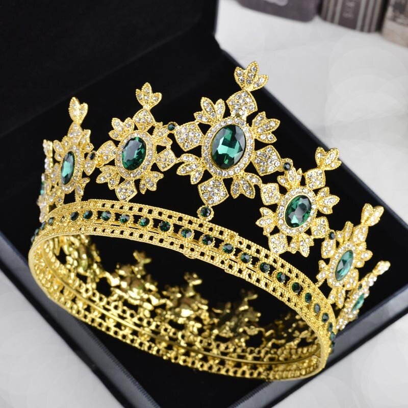 New Design Green Blue Red White Crystal Gold Metal Round Tiara Crown Diadema for Queen Bride Noiva Bridal Wedding Hair Jewelry
