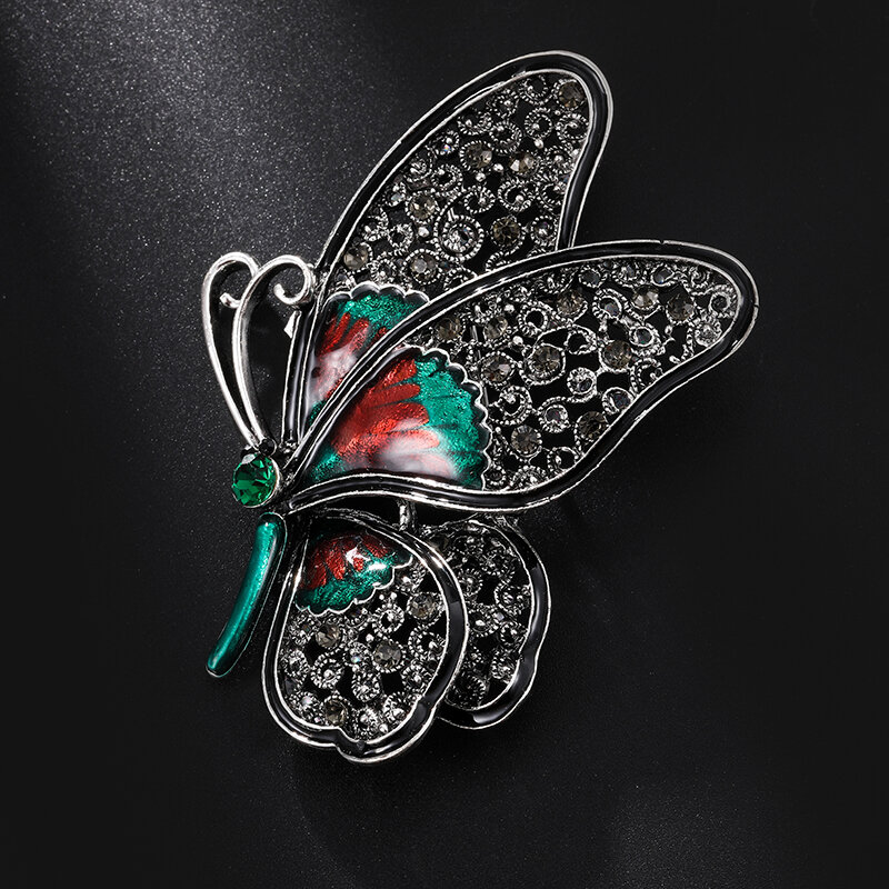 Broche de mariposa grande negro de moda, alfiler de insectos de cristal, personalidad femenina