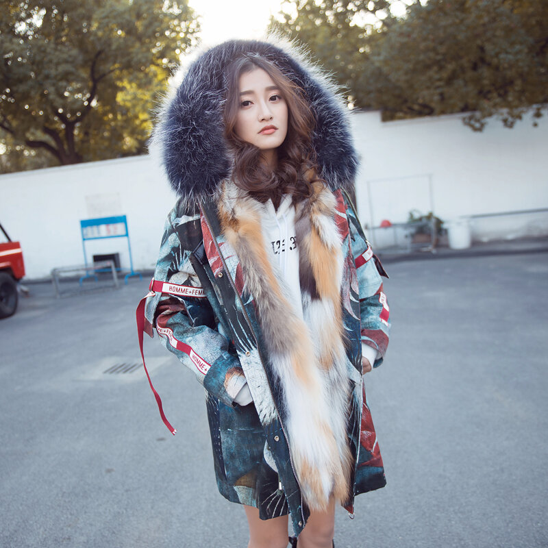 女性用パーカー,冬用の本物の毛皮のコート,長くて取り外し可能な裏地付き,自然なキツネの毛皮の襟,コレクション2021