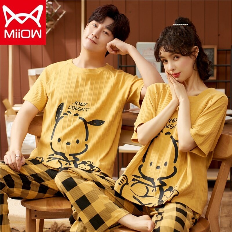若い男性と女性のための夏の半袖パジャマ,純綿,韓国版,ホームウェア