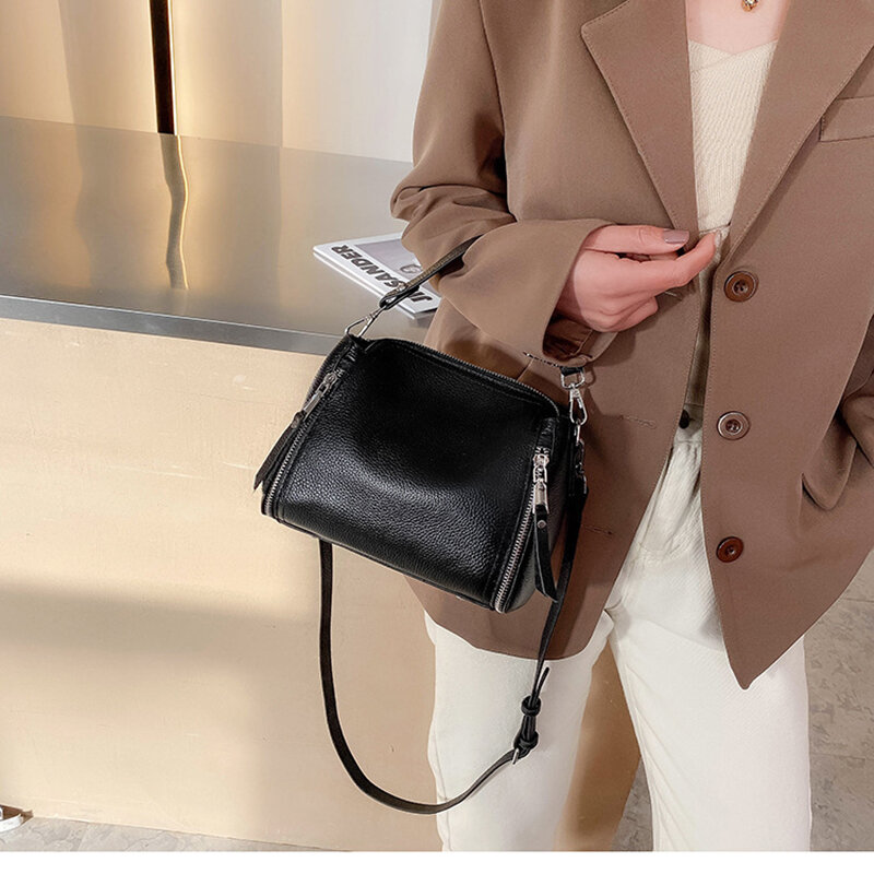 New Genuine Leather Handbag  For Woman Simple Pure Color Soft Shoulder Bags Retro Elegant Leisure Crossbody Bags Designer Bolsa