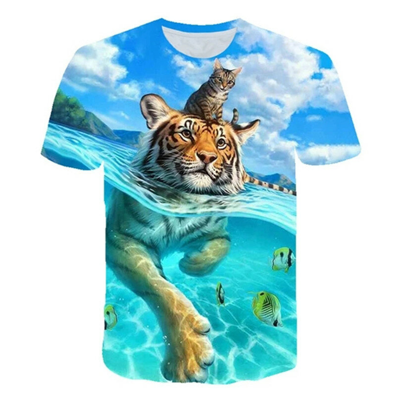 Camiseta con estampado 3D de animal gato/Tigre para hombre, camisa divertida de manga corta con cuello redondo, a la moda, verano, 2021