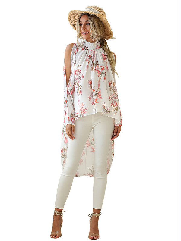 Blusa informal de chifón sin tirantes para verano, camisa con estampado de flores para mujer, mangas sin tirantes, protección solar, 2021