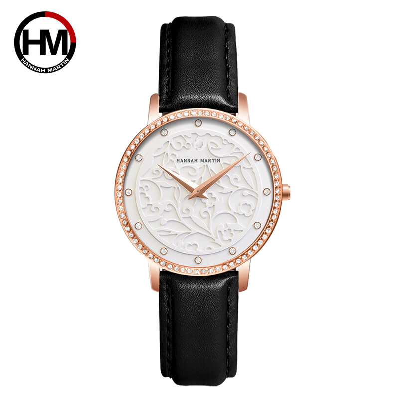 Hannah martin marca feminina relógios de luxo quartzo senhoras relógio com pulseira de couro diamante casual à prova dwaterproof água relógio feminino relogio