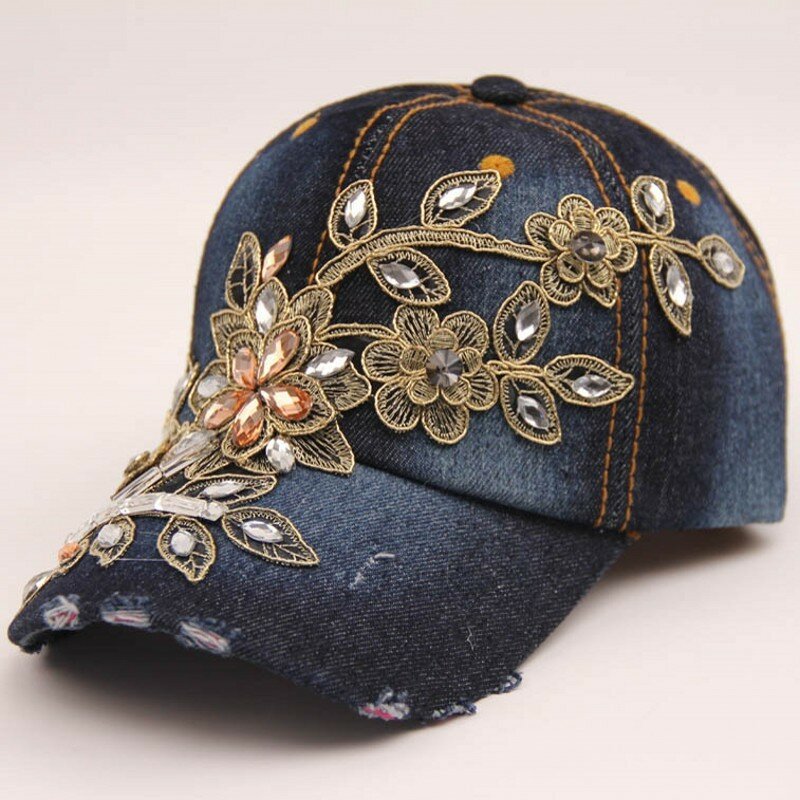 女性のための手作りのラインストーンベースボールキャップ,花の刺繍が施されたデニムの野球帽,調節可能なバイザー