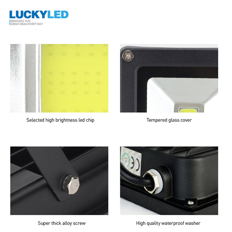 Luckyled-refletor de led, 10w, 20w, 30w, 50w, 220v, 240v, à prova d'água, ip65, holofote de parede externa