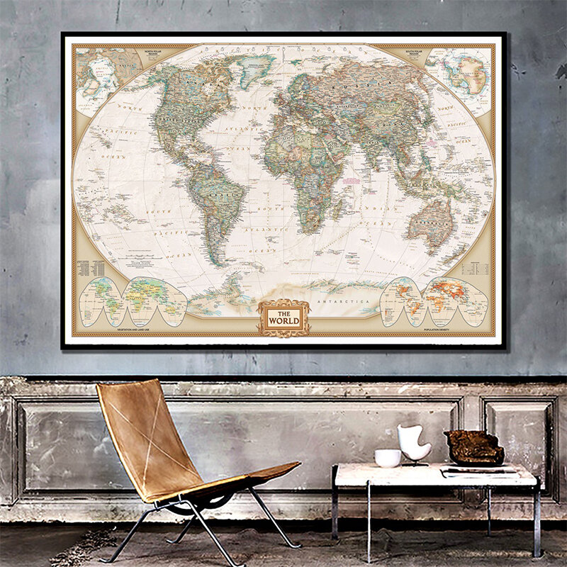 Carte physique du monde, 150x100cm, Non-tissé, des rivières importantes du monde, pour la recherche al