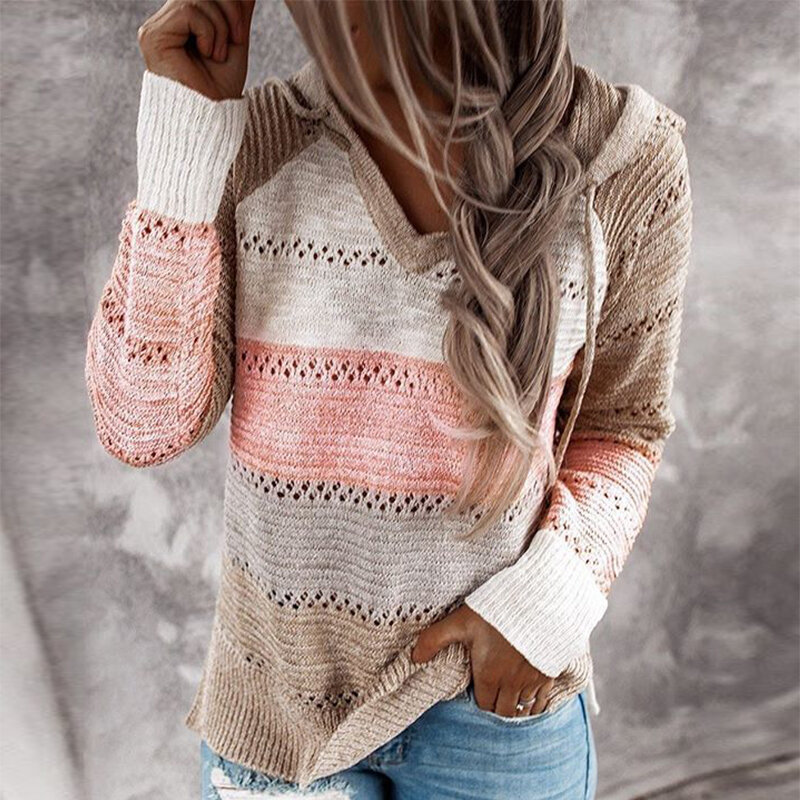 Женский трикотажный свитер с капюшоном, повседневный Полосатый пуловер с длинным рукавом и V-образным вырезом, кофта в стиле пэчворк на осен...