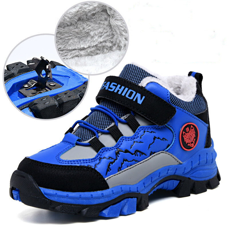 Zapatos de senderismo para niños, zapatillas muy cálidas más algodón, antideslizantes, de cuero, impermeables, para Trekking y escalada