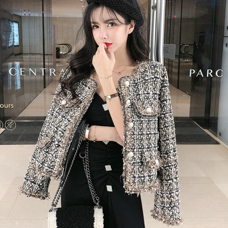 2022 outono inverno feminino pequena fragrância vintage xadrez tweed jaqueta casaco coreano elegante manga longa fino curto outerwear