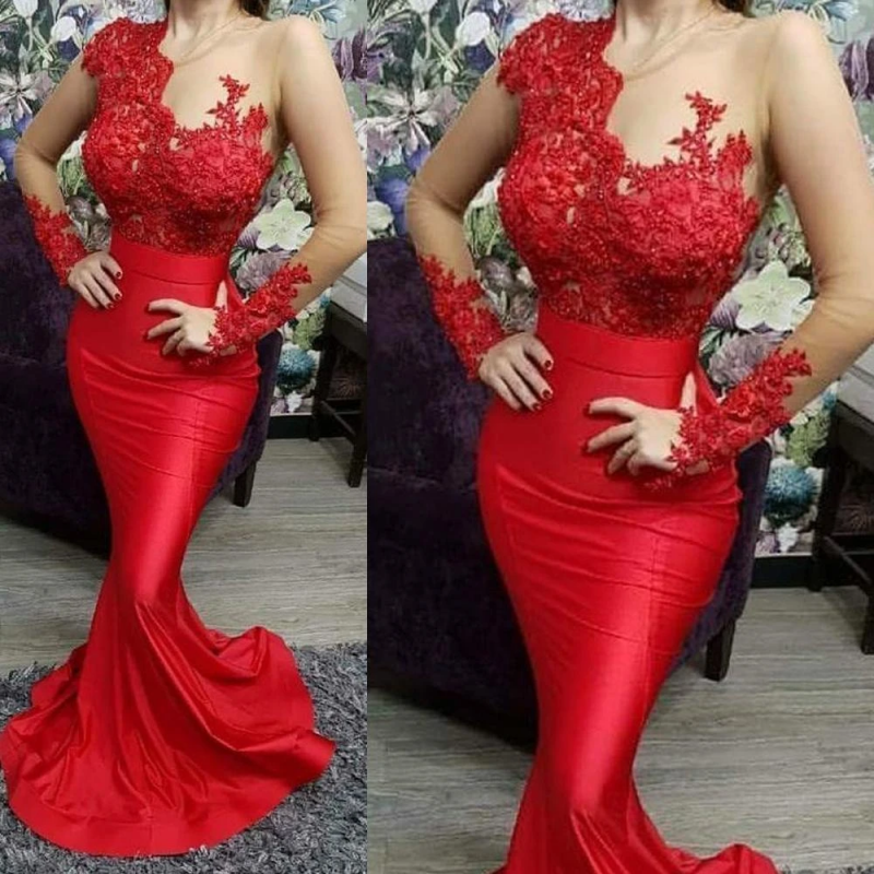 Red Evening Dresses 2023 Illusion Long Sleeves Appliques Lace Beading Mermaid Women Prom Formal Party Gown Robe De Soiree