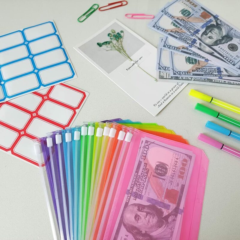 15 Pieces A6 Clear PVC 6-Ring Binder Cash Envelopes for Budgeting with 12Pcs Colorful Zipper Pockets,2 Self-adhesive Label