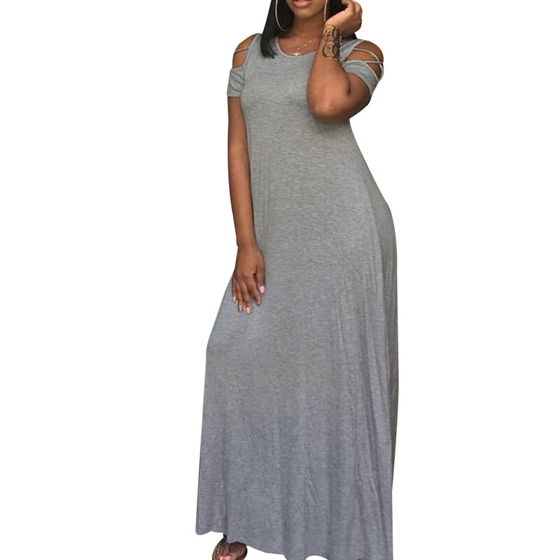 Vestido largo holgado de talla grande para mujer, vestido de verano de manga corta, color gris liso, holgado, informal, con bolsillo, D30