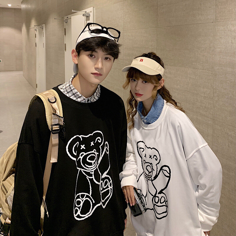 Korean New Cute Bear Women Hoodies Sweatshirt Loose Streetwear Tops Retro Kawaii O-neck Casual Harajuku New Lovers Clothing y2k