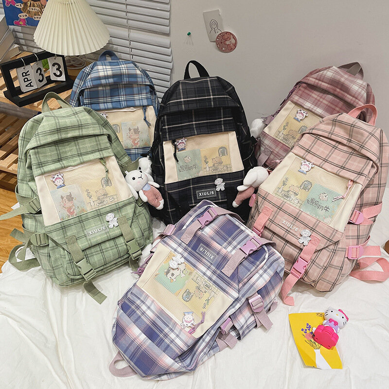 Plaid School Bags for Teenage Girls Cute Backpack Women Canvas Large Capacity Student Schoolbag Fashion 2021