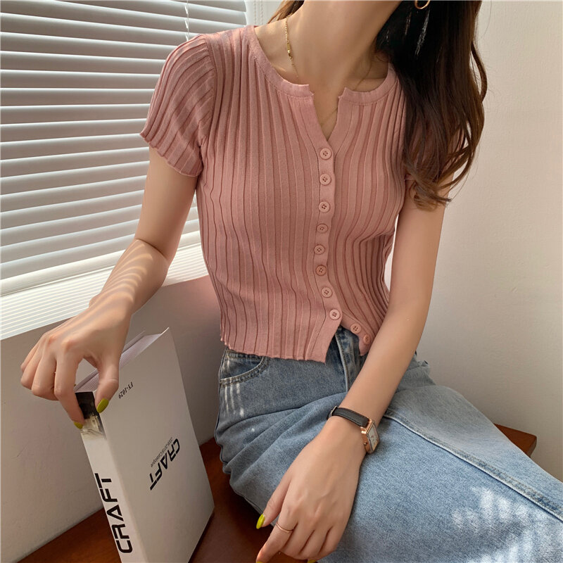 CMAZ de moda manga corta Camiseta mujer 2021 camisetas nuevas elástico de punto camiseta de verano Casual mujer Silm Tops #918