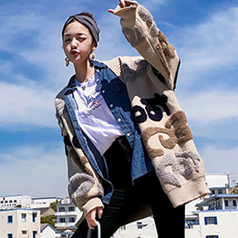 Повседневный Кардиган оверсайз с буквенным принтом, свитер, женское модное плотное теплое вязаное пальто в Корейском стиле, верхняя одежда,...