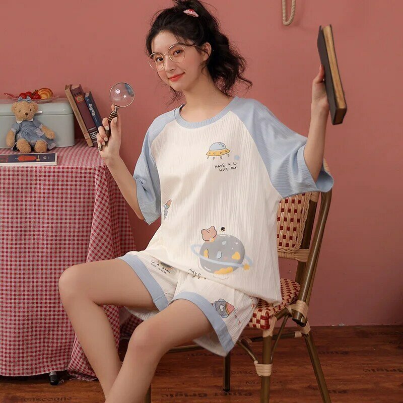 Novo planeta pijamas feminino verão estilo coreano manga curta puro algodão de duas peças terno solto fino primavera e outono homewear