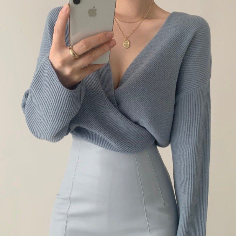 Primavera nueva coreano Chic edad reducir suave blanco de cuello en V biselado de manga larga suéter desgaste exterior Jersey jersey para las mujeres