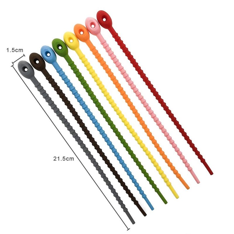 Gravatas de silicone para cabos, 8 peças, cores sortidas, inteligentes, envoltório, organizador, borracha, laços torção, pesados, amarras reutilizáveis