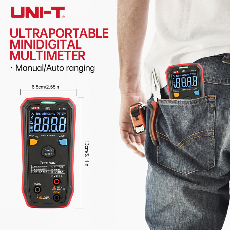UNI-T-multímetro Digital portátil para el hogar, medidor múltiple de tamaño de bolsillo, CA, CC, NCV, interruptor de resistencia de voltaje, modelo Mini UT123D