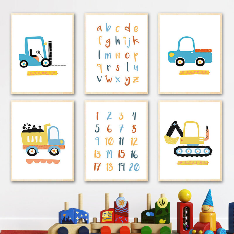 หมายเลขการ์ตูน ABC รถบรรทุก Excavator Wall Art ภาพวาดผ้าใบ Nordic โปสเตอร์และพิมพ์ภาพผนังเด็ก Boy Baby Room decor