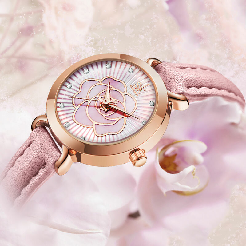 Mode Uhren Frauen Quarz Armbanduhr Rosa Leder Band Diamant Elegante Armband Uhren Frauen Blume Kleine Zifferblatt Montre Femme
