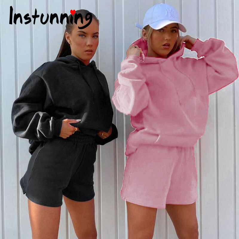 Instunning Women Casual Hooded Two Piece Short Set Solid Oversize Autumn Y2K felpa Set coordinato Pullover in cotone 2021 Outfit