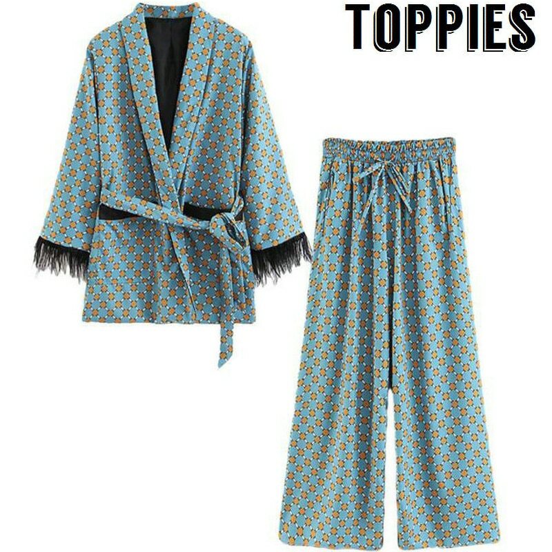 toppies 2021 Blue Printed Kimono Jacket with Feather Sleeves Wide Leg Loose Cuasal Trousers Women Vintage Clothing Suits