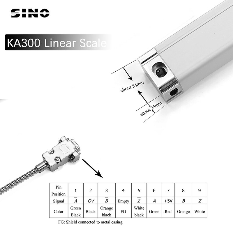 SINO/KA300/KA500/Linear Timbangan Encoder 2-Axis Pembacaan Digital Resolusi 0.005Mm Panjang 0-1020Mm Pengeboran dan Mesin